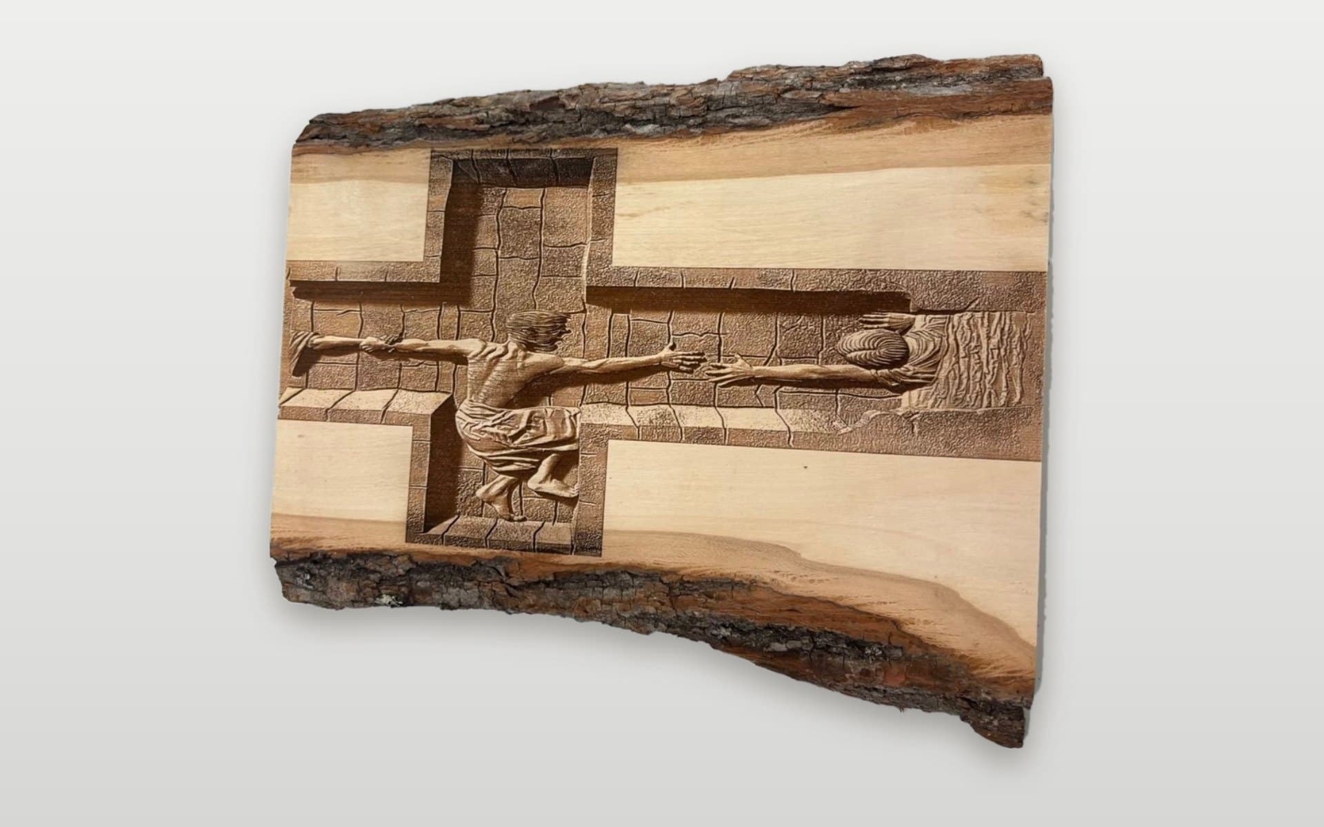 Reaching hand cross live-edge engraving, image 1
